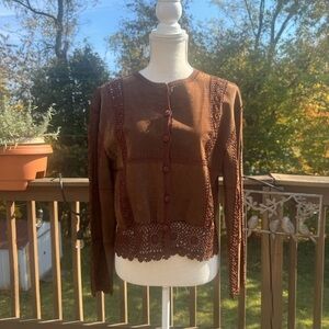 Vintage 90s S.M.H. Dark Chocolate Brown Leather & Crochet Trim Cardigan Jacket